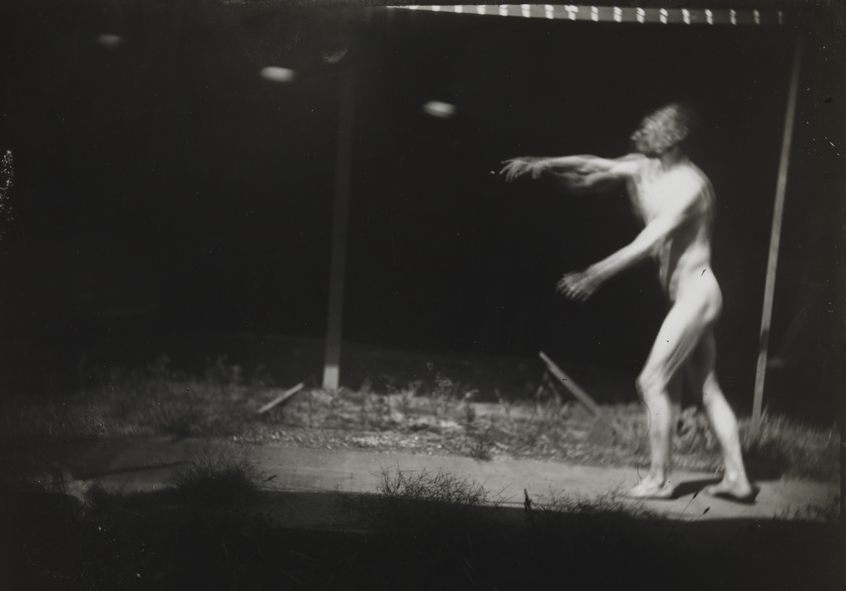 Motion study: male nude, throwing flat object to left