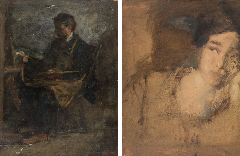 Man Seated at an Easel (r); Portrait Sketch of an Unidentified Woman (v)
