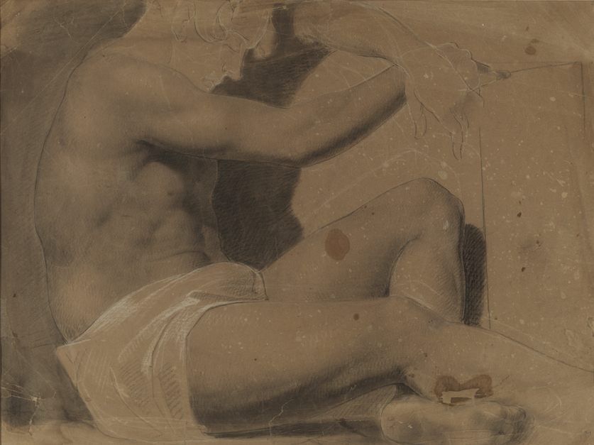Figure Study: Young Man in White Trunks, Seated on Floor, Resting Arms and Head on Box