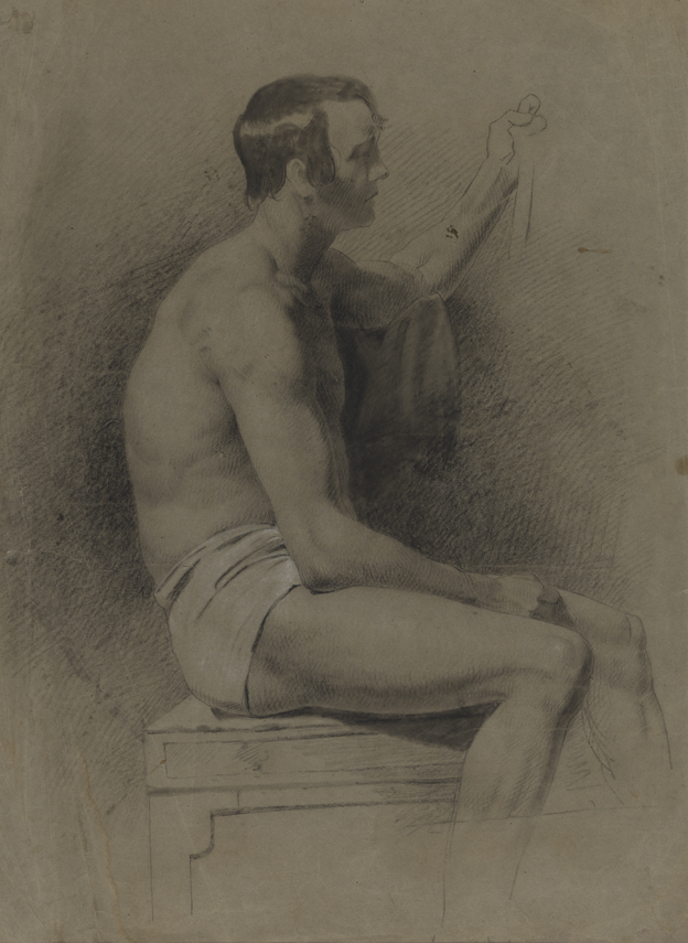 Figure Study: Young Man in Trunks, Seated on Box