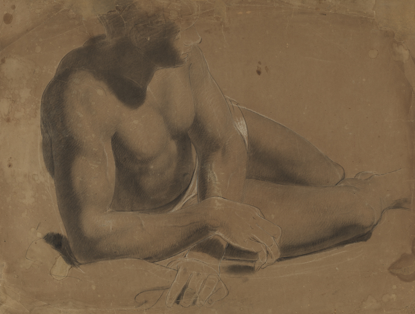 Figure Study: Nude Man Reclining, Facing Right, Weight on Right Elbow