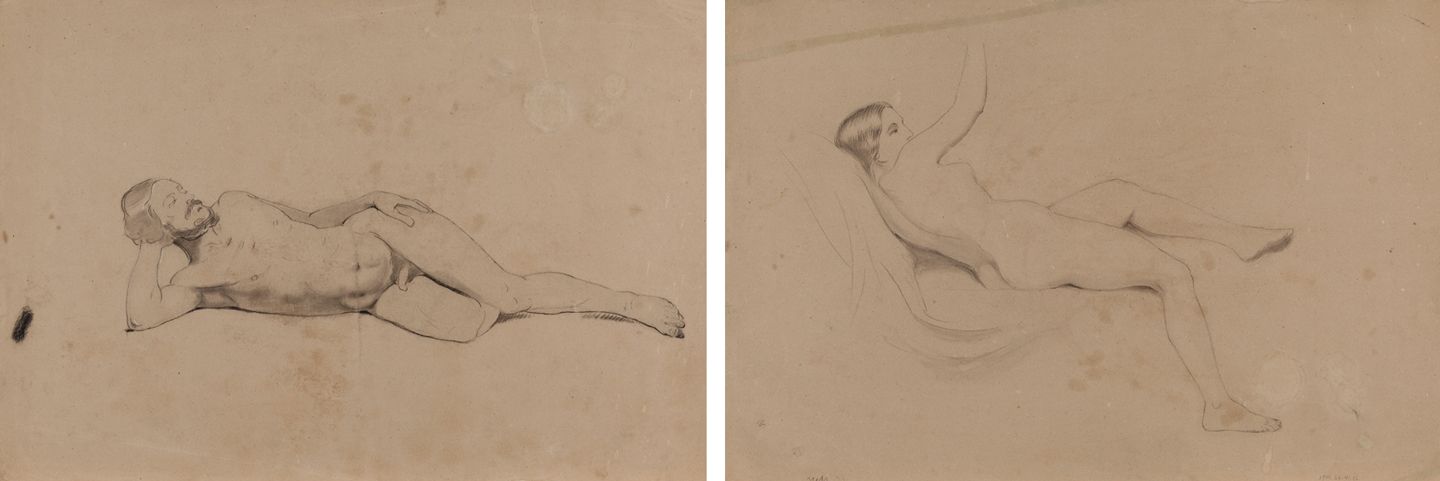 Figure Study: Nude Man with Beard, Reclining (r); Figure Study: Nude Woman Recling, Right Arm Raised (v)