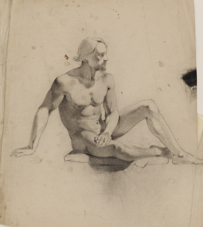 Figure Study: Nude Man with Beard, Seated on Mat (r); Figure Study: Woman Seated, in 16th (?) Century Dress (v)