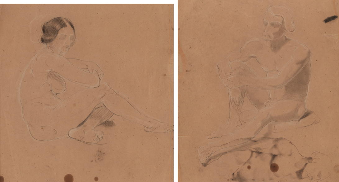Figure Study: Nude Woman Seated on Floor, Facing Right (r); Figure Studies: Two Nude Men (v)