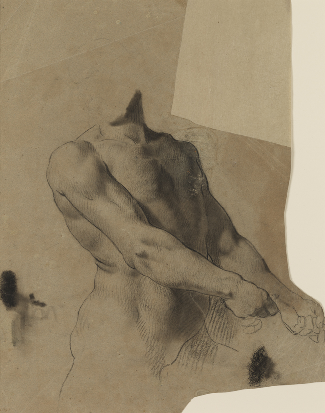 Figure Study: Torso of a Nude Man, Pulling (r); Figure Studies: Hand, Nude Seated (cropped) (v)