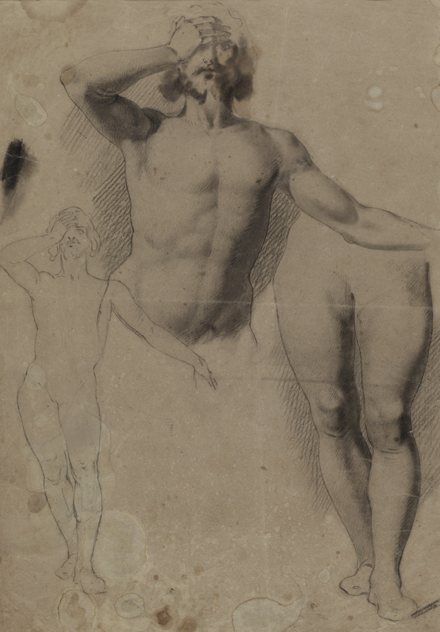 Figure Study: Nude Man Standing, Right Hand on Brow (r); Figure Study: Man's Head in Profile (v)