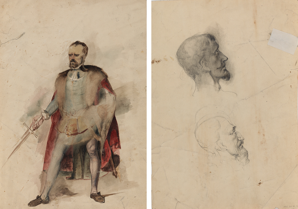 Figure Study: Man with Sword, in 16th Century Dress (r); Figure Study: Two Profile Heads of Bearded Men (v)