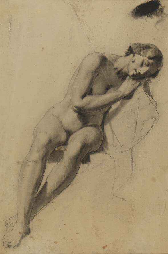 Figure Study: Nude Woman Seated, Leaning to Right (r); Figure Study: Bearded Man Standing, Facing Right (v)