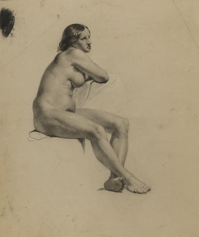 Figure Study: Nude Woman Seated, Facing Right (r); Figure Study: Nude Man Standing, Seen from Rear (v)