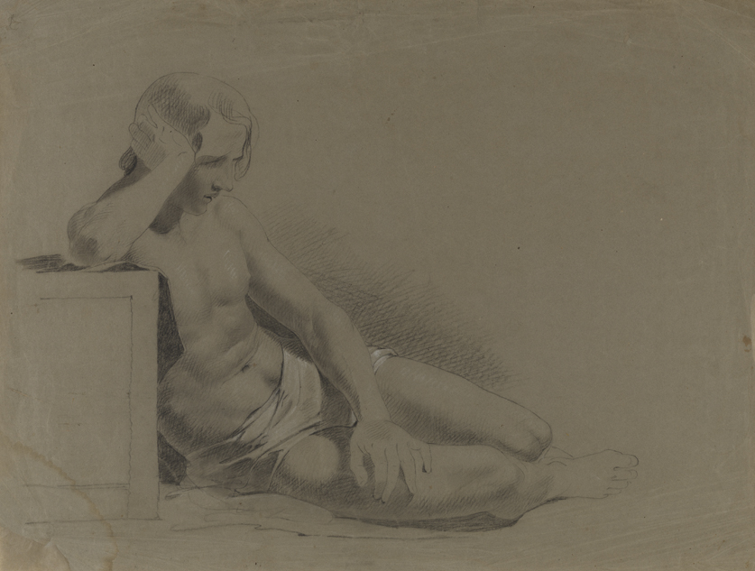 Figure Study: Young Man in White Trunks Reclining Against Box