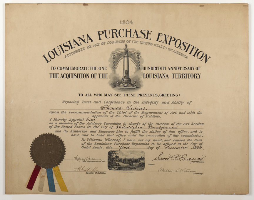 Louisiana Purchase Exposition Certificate Appointing Thomas Eakins to Advisory Committee