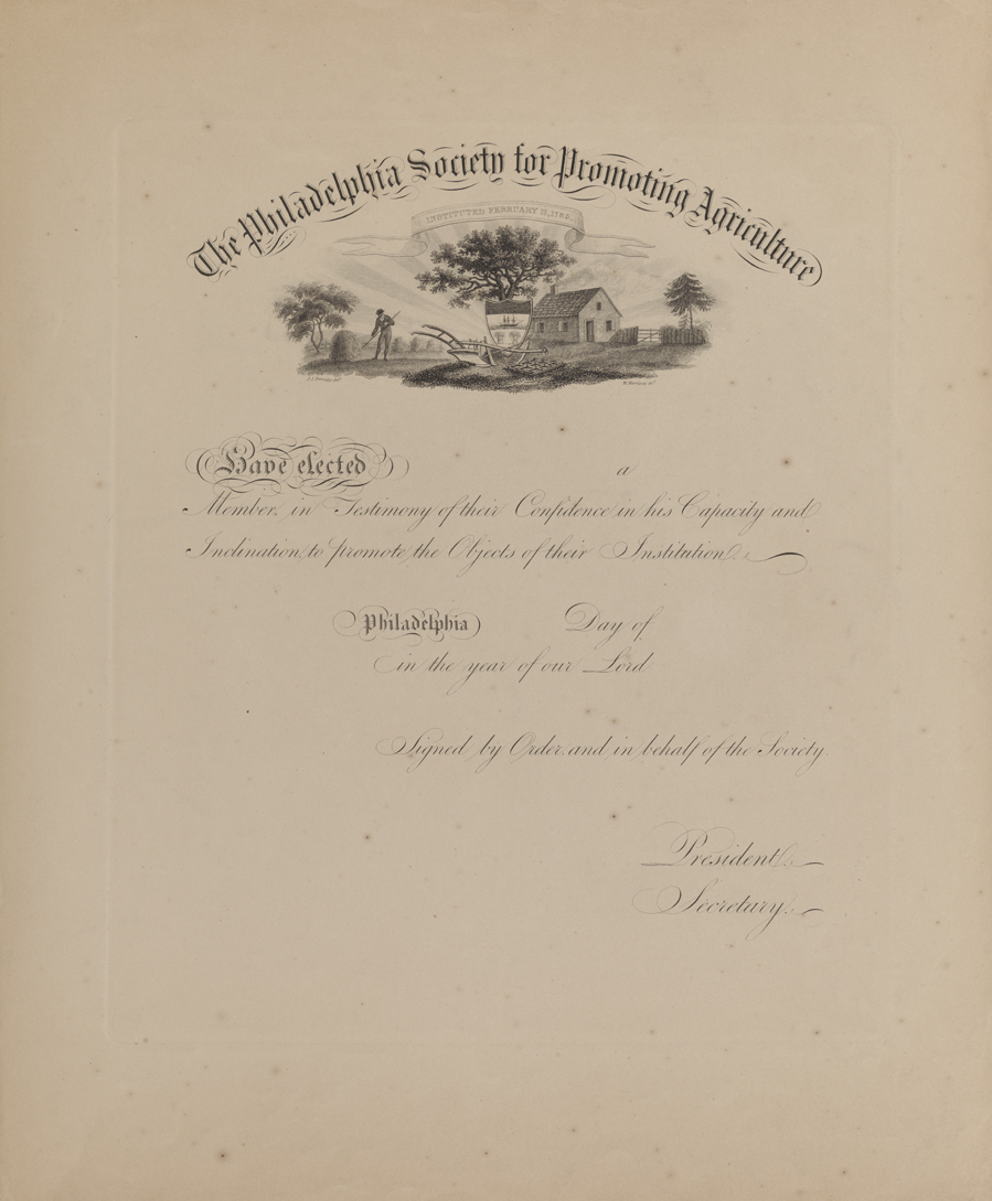 Membership Certificate for The Philadelphia Society for Promoting Agriculture