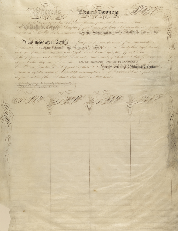 Marriage Certificate on Edward Downing and Elizabeth D. Cornog