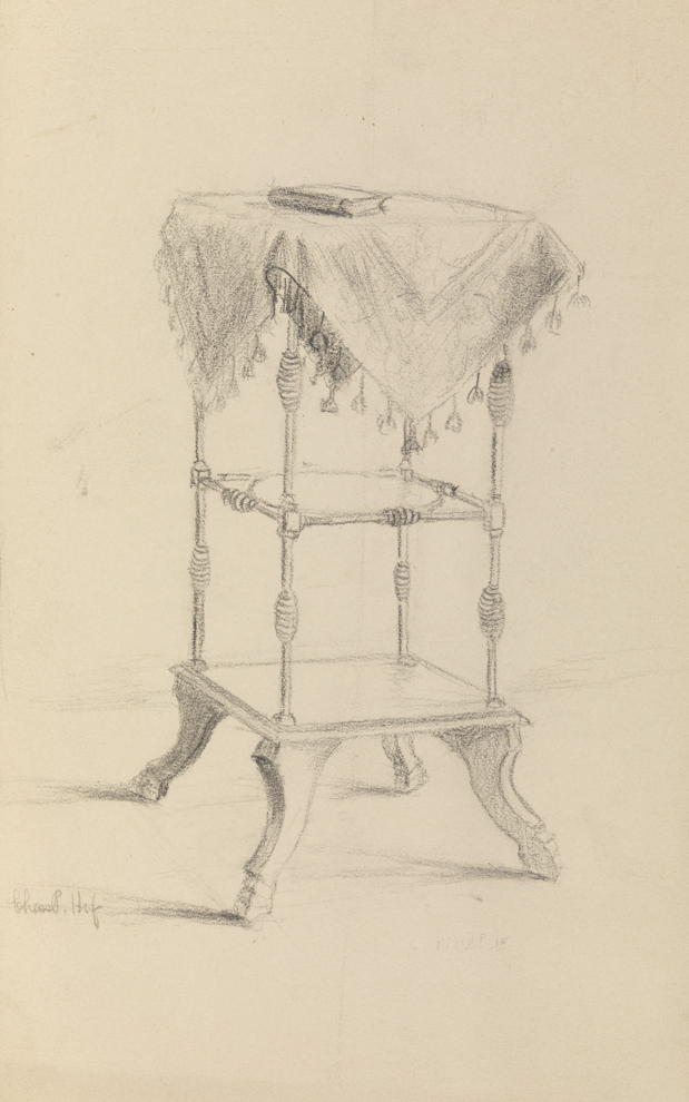 [Victorian étagère with draped cloth]