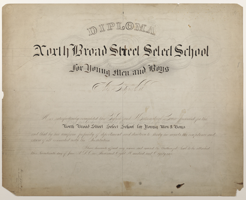 Diploma for North Broad Street School for Young Men and Boys