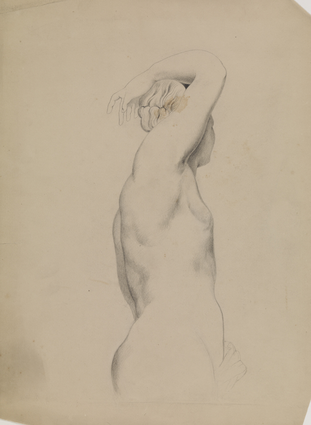 [Cast drawing: female nude with raised arm, facing right]
