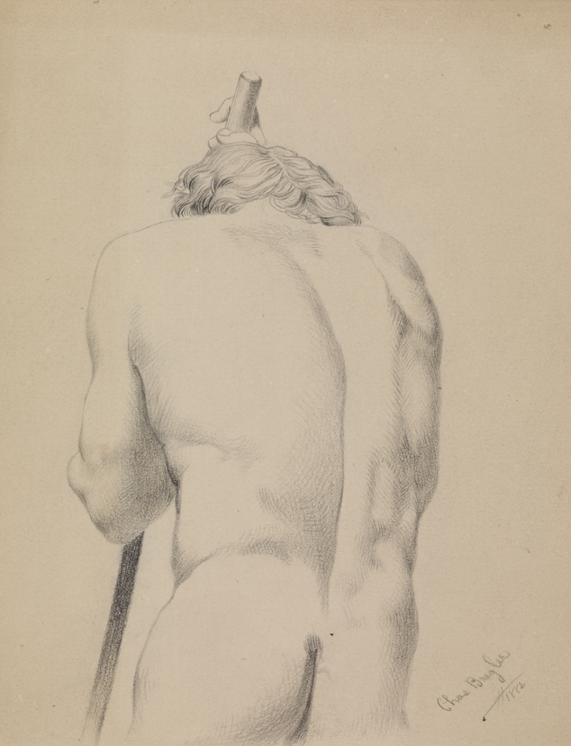 [Male nude with pole, 1/2 length, back view]
