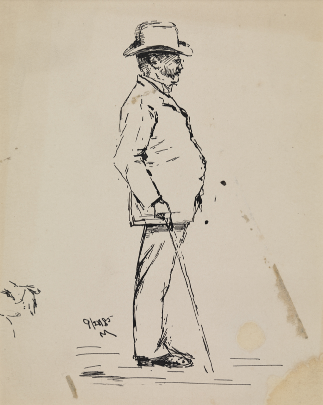 [Sketch of man facing right, with hat and cane]