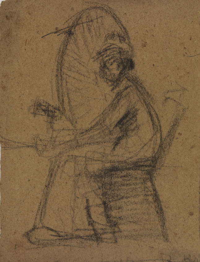 [Sketch of woman at spinning wheel; sketch of male nude facing right]