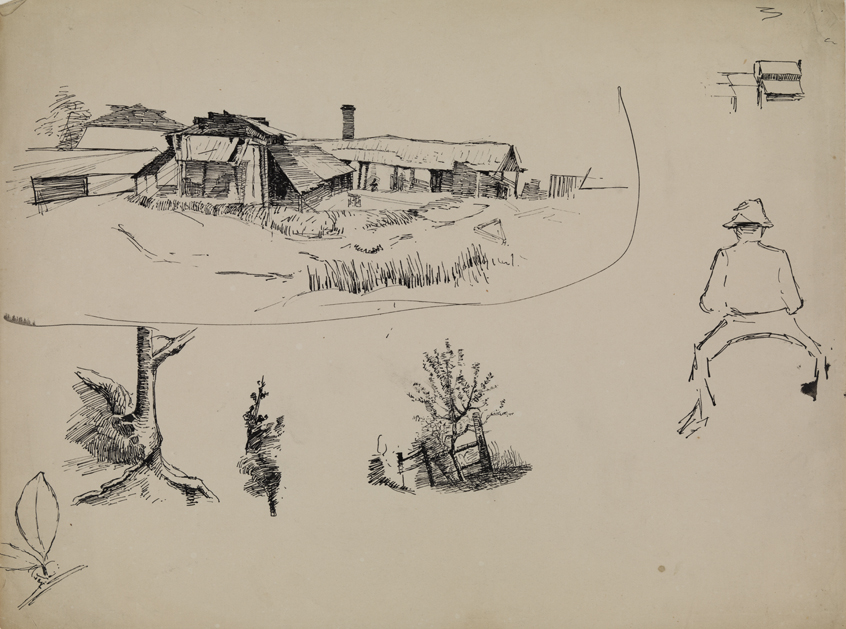 [Landscape sketches and seated male]