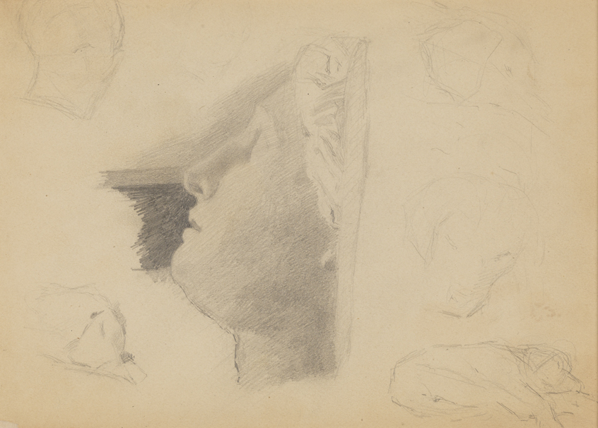 {Cast drawing: Head in Profile; Sketches of a sleeping dog]