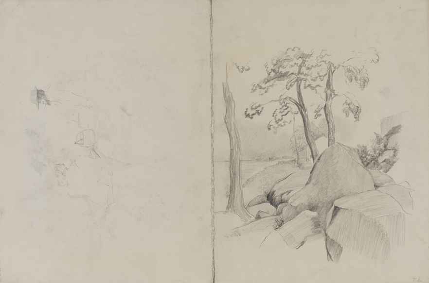 Landscape Studies: Two Men Picnicking; Boulders, Trees and House (r)