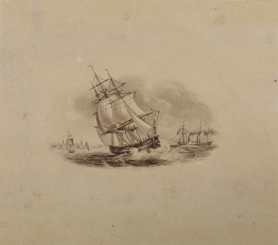 [Ship in harbor - vignette for a bank note]