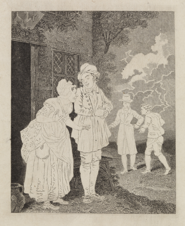 [Young man and old woman before cottage]