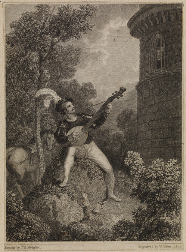 [Minstrel singing to a prisoner in tower]
