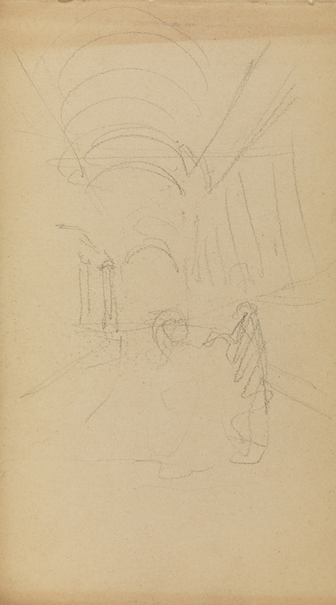 [Interior (Nave of church?) with figure?]