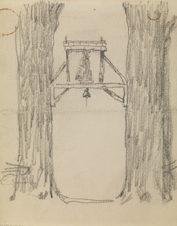 [Shrine suspended between two trees; Fernbrook]