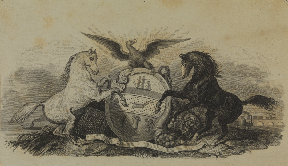 [Coat of arms with two horses and eagle in landscape]