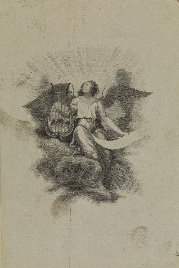 [Angel with harp and scroll ascending heavenward]