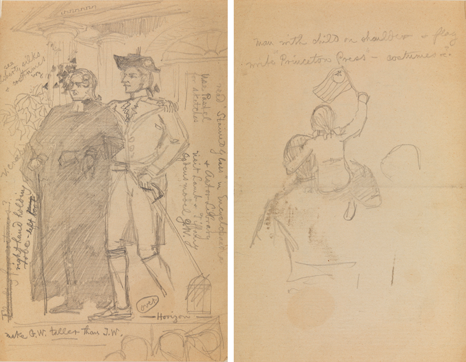 [Princeton Commencement 1783: Study for George Washington and J. Witherspoon] recto; [Man with child on shoulders] verso