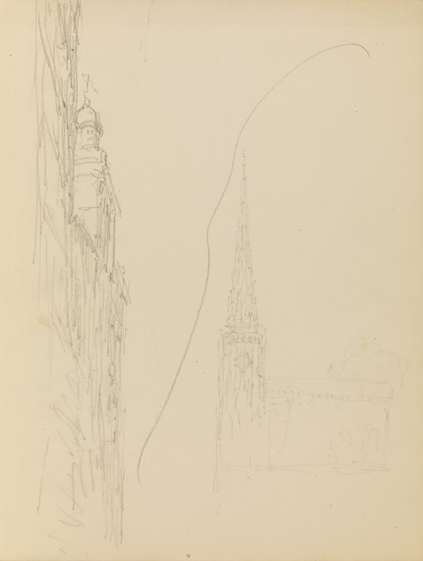 [Study of a church, skyscrapers]
