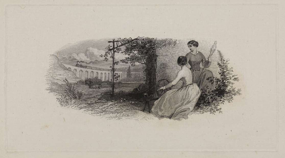 [Two women spinning wool in a lanscape]