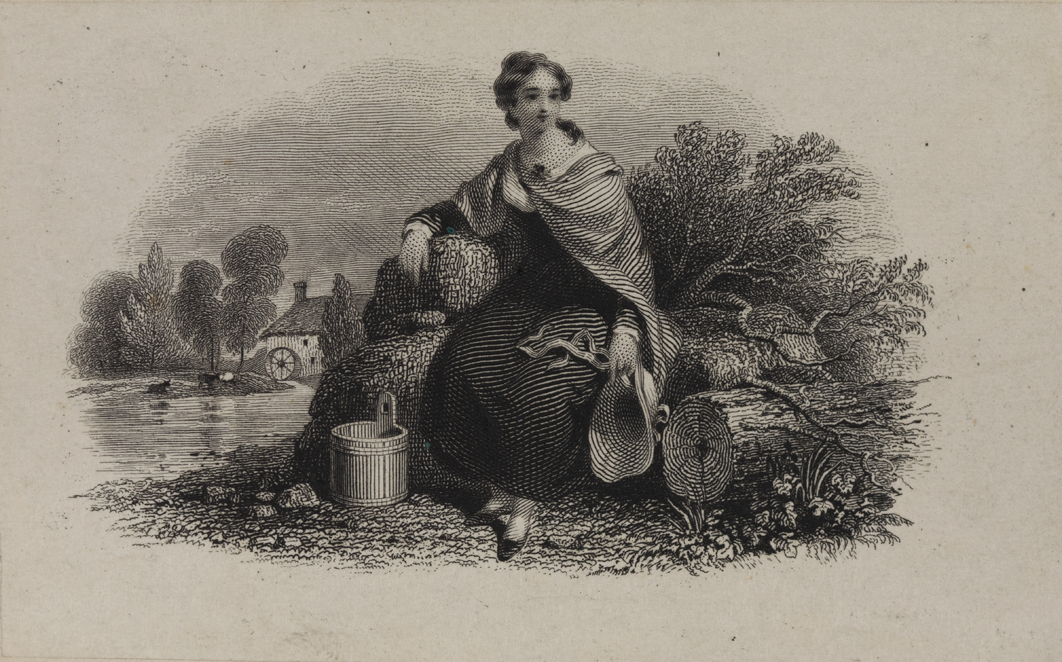 [Woman seated near stream]