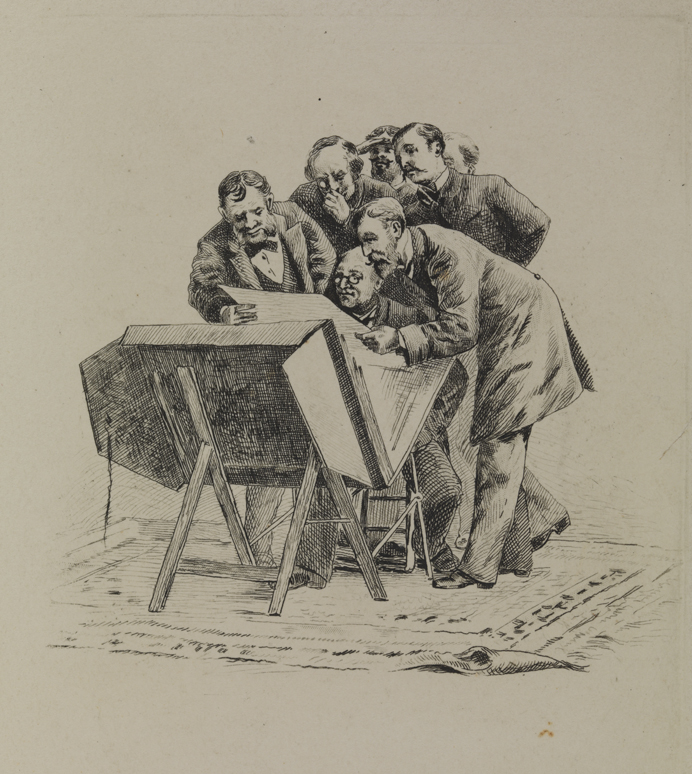 [Men looking through a portfolio of prints]