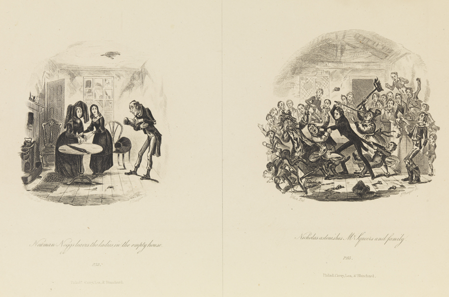 Newman Noggs leaves the ladies in the empty house;  Nicholas astonishes Mr. Squeers and family