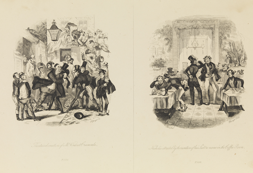 Theatrical emotion of Mr. Vincent Crummles;  Nicholas attracted by the mention of his Sister's name in the Coffee Room
