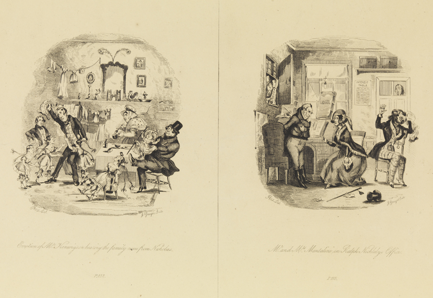 Emotion of Mr. Kenwig's on hearing the family news from Nicholas;  Mr. and Mrs. Mantalini in Ralph Nickelby's Office