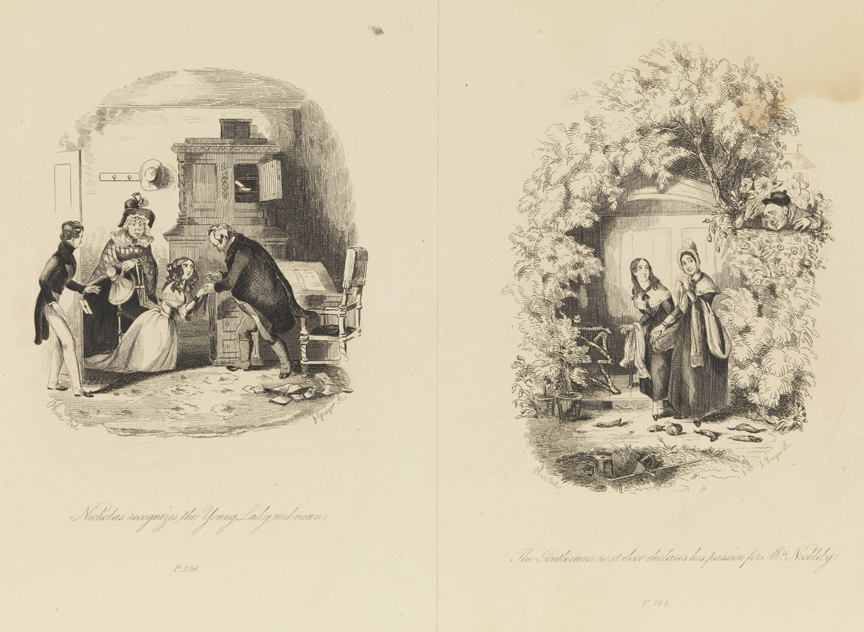 Nicholas recognizes the Young Lady unknown;  The Gentleman next door declares his passion for Mrs. Nickleby