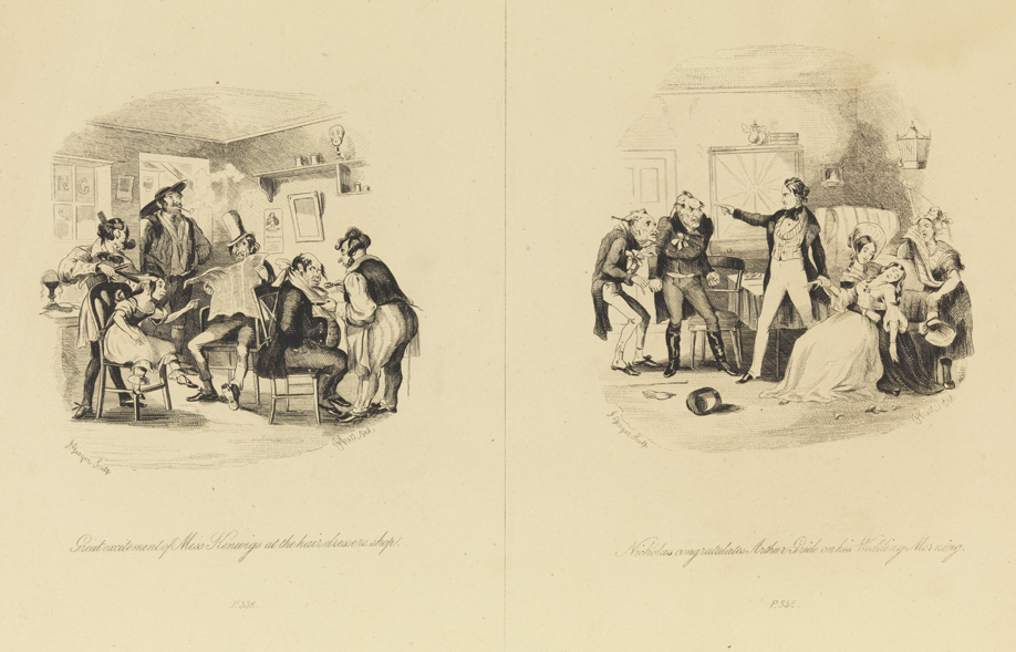 Great excitement of Miss Kenwigs at the Hairdressers shop;  Nicholas congratulates Arthur Gride on his Wedding Morning