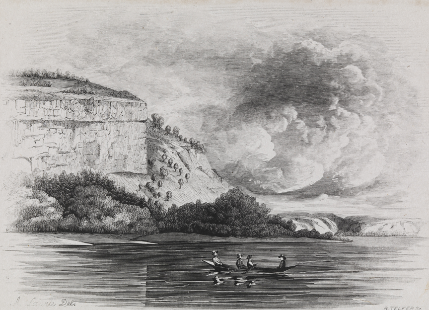 [Rowing by a fortified hill]