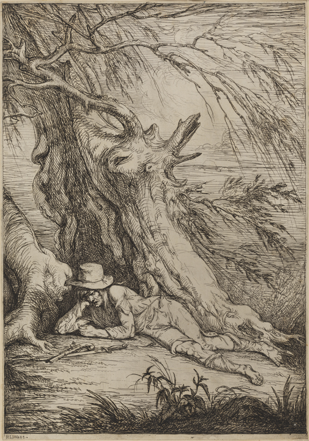 [Man with gun and knife beneath tree]