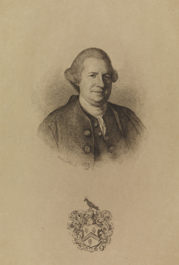[Portrait - with coat of arms with three oak leaves and bird holding leaf]