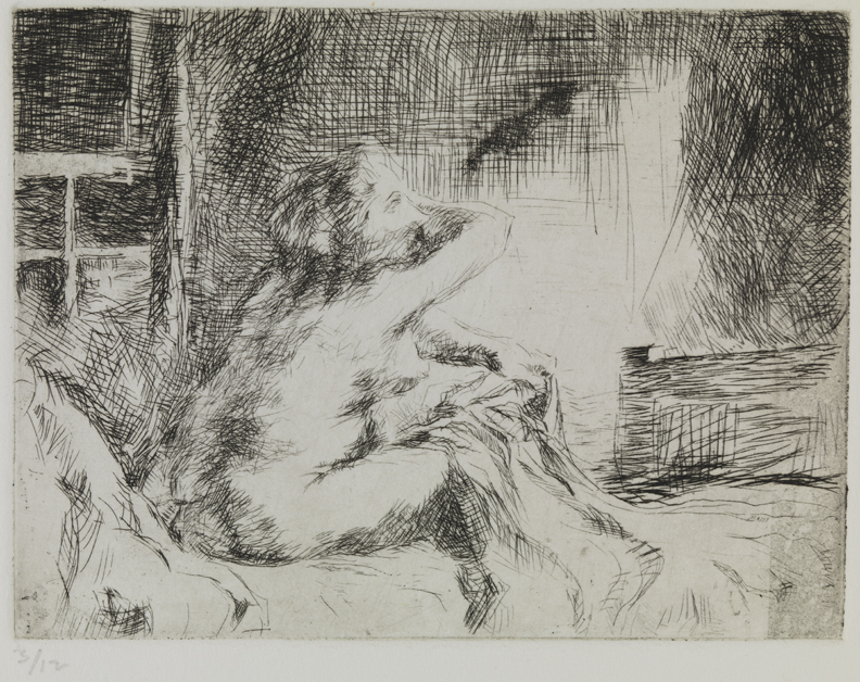 XXI (Female nude in bed, arms raised in fear)