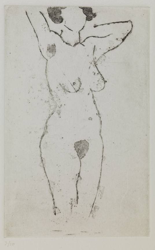 V (Female nude, standing, facing front with arms raised)