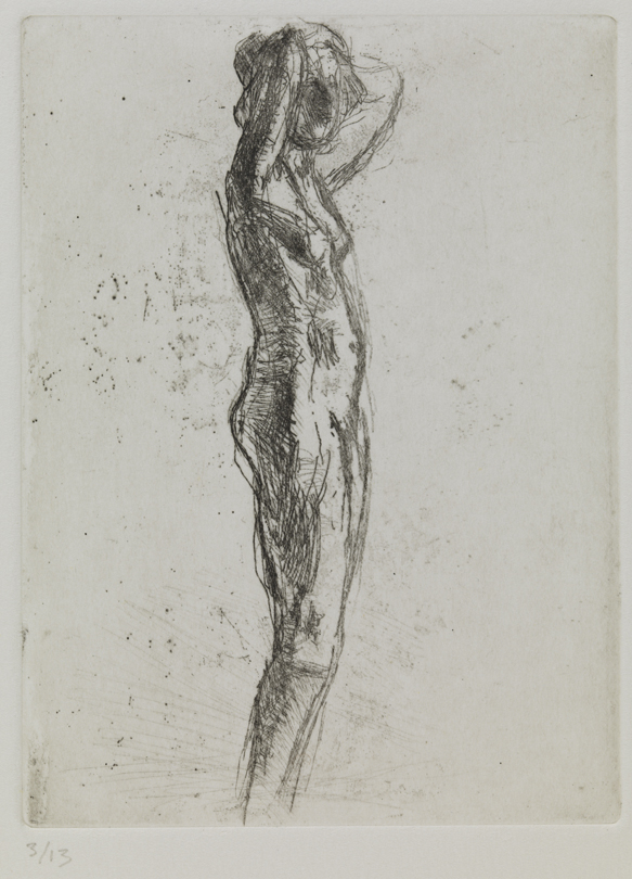 VII (Female nude, standing facing right, arms raised)