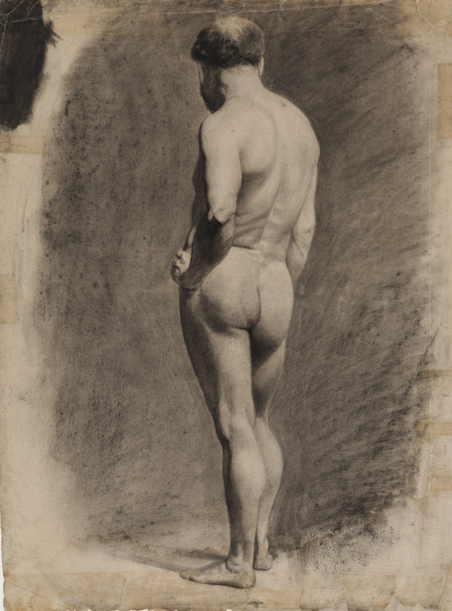 [Figure study: standing male nude from rear]